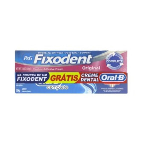 Creme Fixador de Dentaduras Fixodent Original 1 unidade com 68g + creme dental Oral B, sortido, 1 unidade com 70g