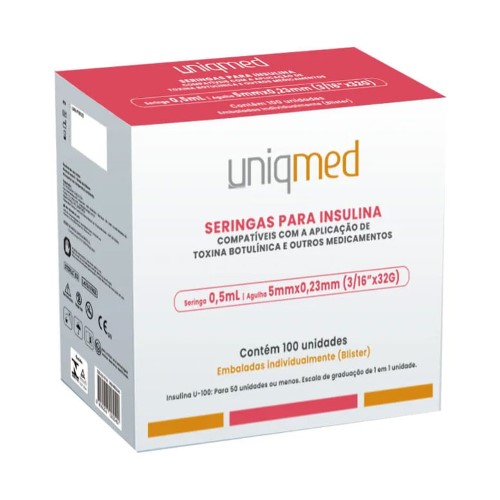 Seringas para Insulina com Agulha Uniqmed 32G 0,5ml (5x0,23mm) 100 Unidades