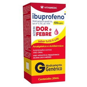 Ibuprofeno Suspensão Oral Vitamedic 100mg/mL, caixa com 1 frasco gotejador com 20mL de suspensão de uso oral