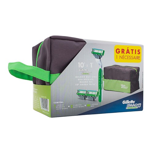 Kit Gillette Mach3 Sensitive - 1 Aparelho de Barbear Recarregável + 2 Cargas + Necessaire