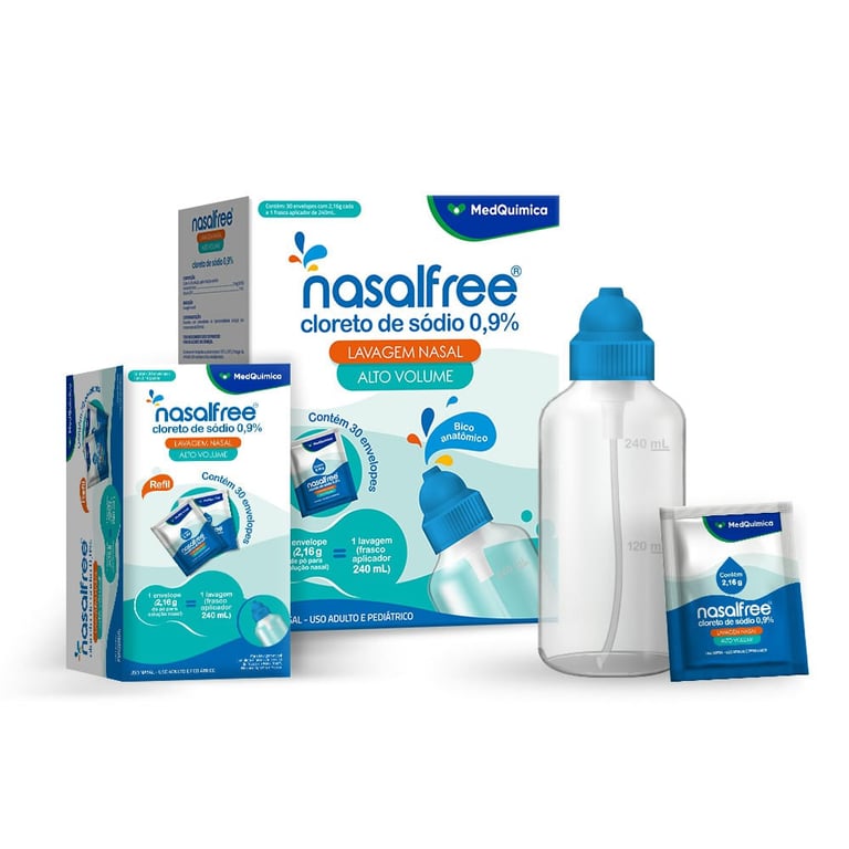 Nasalfree 0,9% Alto Volume Pó Refil 30 Envelopes + Frasco Aplicador 240ml