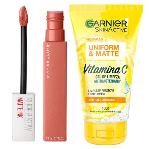 Garnier + Maybelline Kit – Gel de Limpeza Facial Vitamina C + Batom Líquido SuperStay Matte Ink