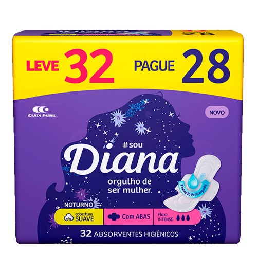 Absorvente Diana Noturno Com Abas Leve 32 e Pague 28 Unidades