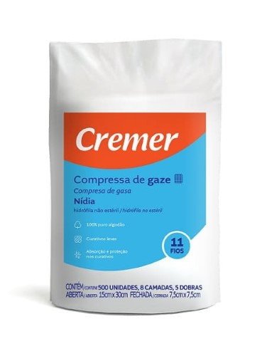 Compressa Gaze Cremer Nídia 7,5cm x 7,5cm Hidrófila Não Estéril 8 Camadas 5 Dobras com 500 Unidades