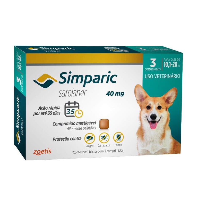 Simparic antipulgas para Cães de 10,1 a 20Kg - 40mg - cx com 3 compr