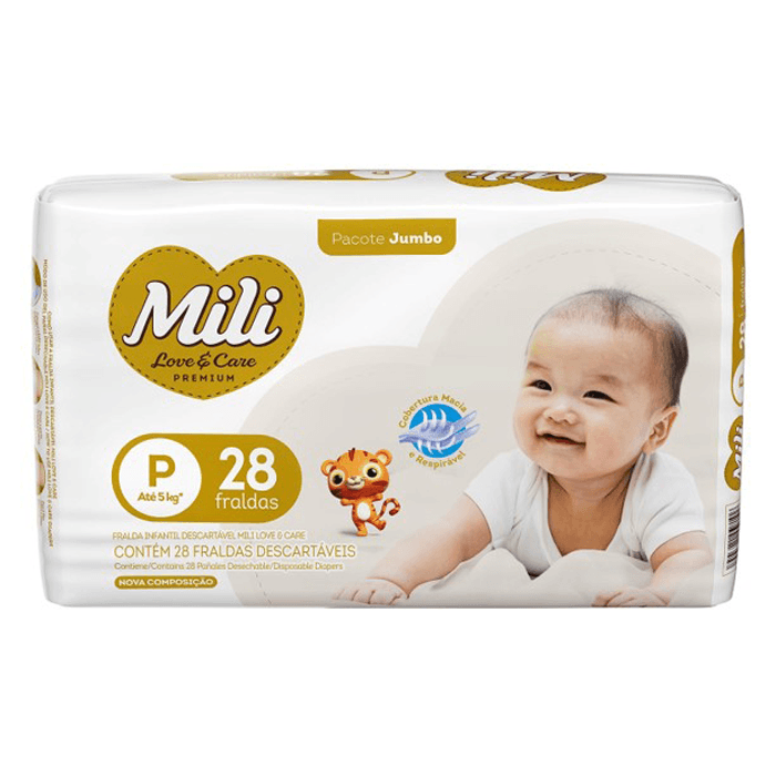 Fralda Mili Love & Care Premium P, pacote jumbo com 28 unidades