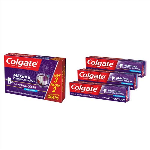 Creme Dental Colgate Máxima Proteção Anticáries mais Neutraçúcar 70g Promo Leve 3 Pague 2