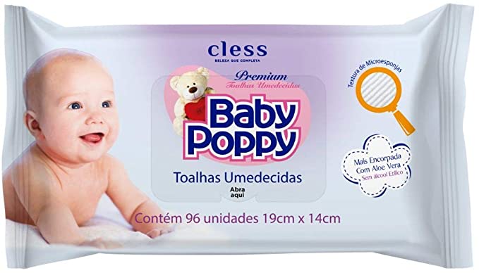 Toalha Umedecida Baby Poppy Premium com 96 Unidades