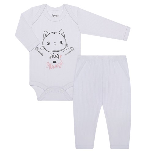 Body longo c/ Calça para bebê em malha canelada Gatinha Hug Branco - Junkes Baby 