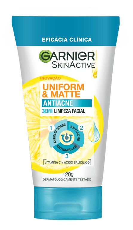 Gel De Limpeza Antiacne Garnier 3 Em 1 Uniform & Matte 120g