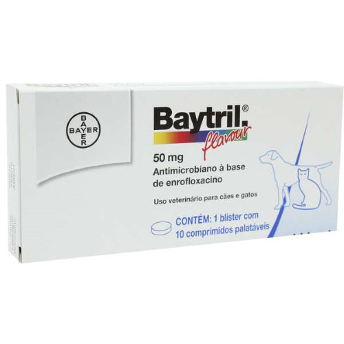 Baytril Flavour 50mg para Cães e Gatos Uso Veterinário com 10 Comprimidos