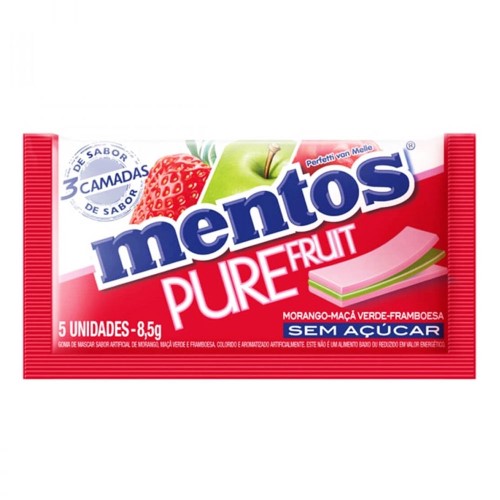 Mentos Pure Fruit Chiclete Sem Açúcar Sabor Morango Maçã Verde e Framboesa com 5 unidades