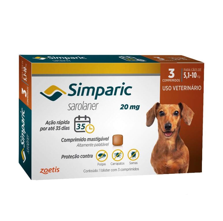 Simparic antipulgas para Cães de 5,1 a 10Kg - 20mg - cx com 3 compr