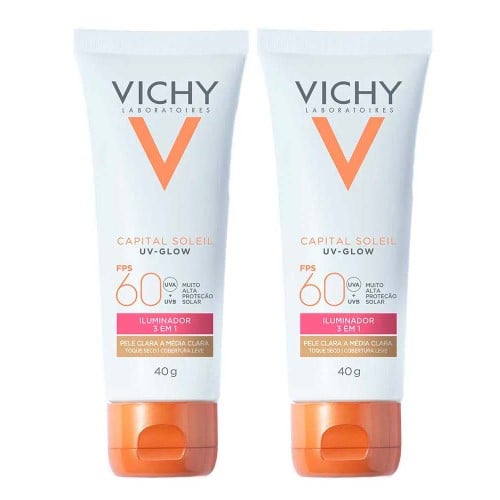 Vichy UV-Glow Kit com 2 Unidades – Protetor Solar Facial com Cor FPS60 – Clara a Média Clara