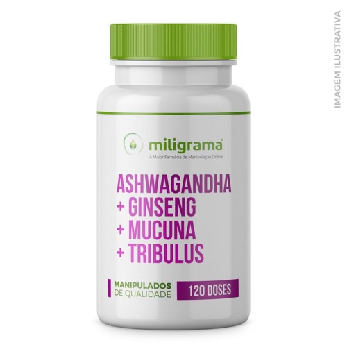 Ashwagandha + Ginseng + Mucuna + Tribulus Cápsulas Estimulante Masculino 120 Doses