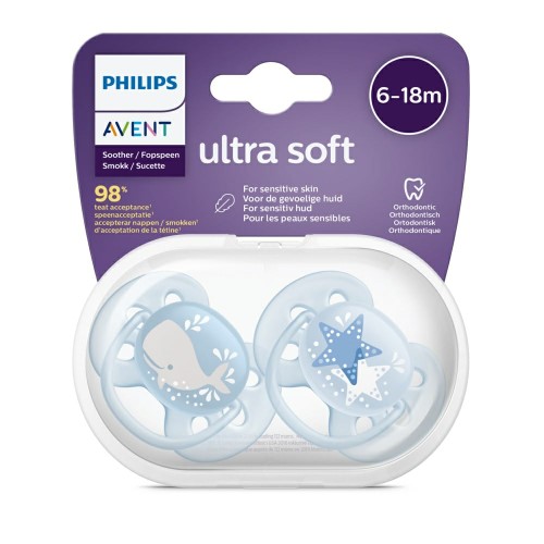 Chupeta Philips Avent Ultra Soft 6-18 Meses Scf223/03 Decorada Menino 2 Unidades