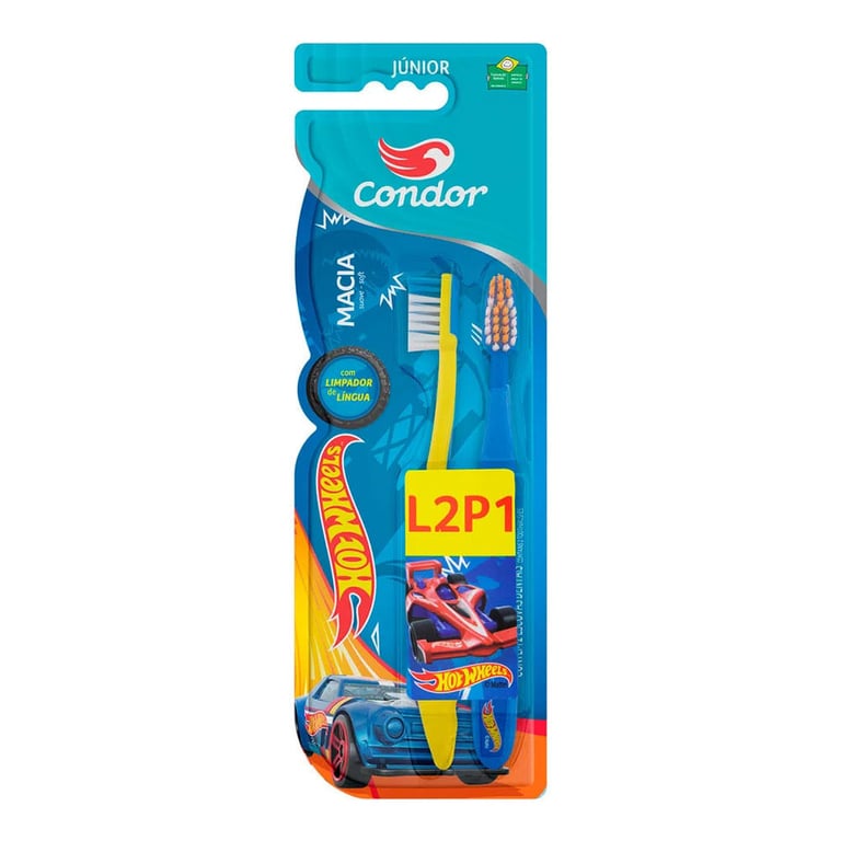 Escova Dental Infantil Condor Hot Wheels 6+ anos, Júnior, macia, leve 2 pague 1 unidade