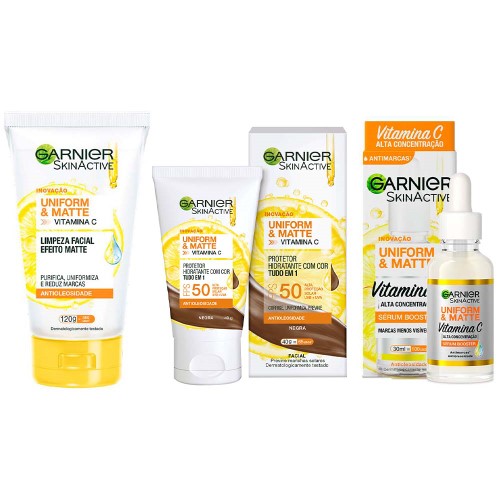 Garnier Skin Uniform & Matte Vitamina C Kit – Sérum Facial + Gel de Limpeza + Protetor Solar FPS50 cor Negra