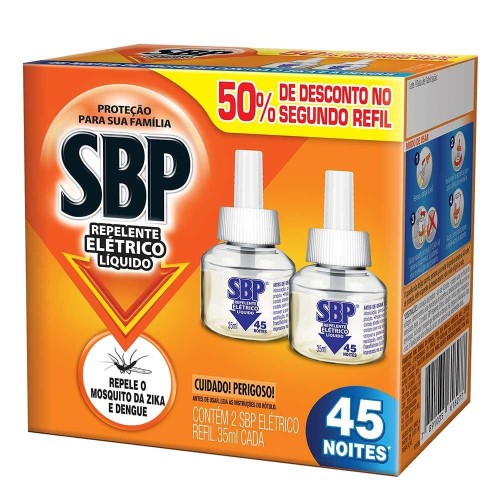 Repelente Elétrico Líquido SBP 45 Noites com 2 Refis 35ml Cada 50% de Desconto no 2° Refil