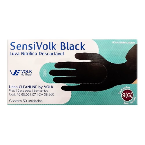 Luva Nitrílica SensiVolk Black Descartável Não Estéril Sem Amido Tamanho 9 (G) com 50 Unidades