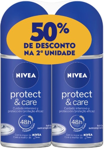 Desodorante Nivea Protect & Care Roll-on Antitranspirante 48h com 2 Unidades de 50ml cada 50% Desconto na 2ª Unidade