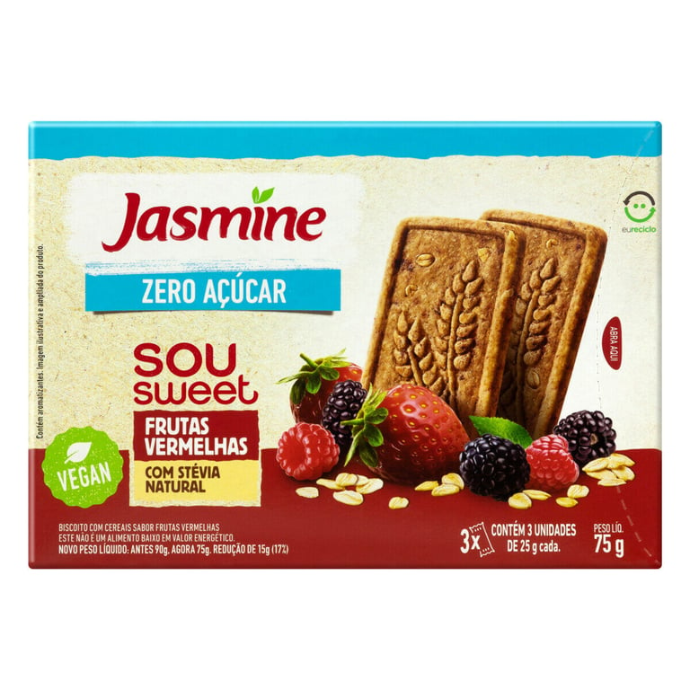 Biscoito Com Cereais Jasmine Sou Sweet Zero Açúcar Frutas Vermelhas 75g