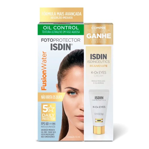 Protetor Solar Isdin Oil Control Fusion Water Fps60 50ml + Creme Rejuvenate Isdinceutics K-Ox Eyes 3g