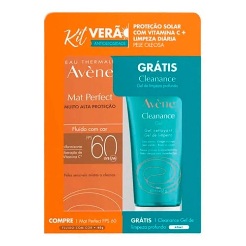 Kit Verão Avène Protetor Solar Facial Mat Perfect Fluido com Cor FPS 60 com 40g + Gel de Limpeza Facial Cleanance com 40g