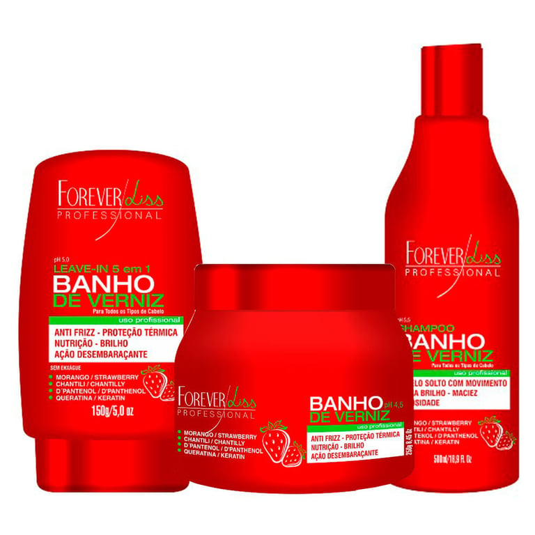 Forever Liss Banho de Verniz Morango Kit - Shampoo + Máscara de Hidratação + Leave-in