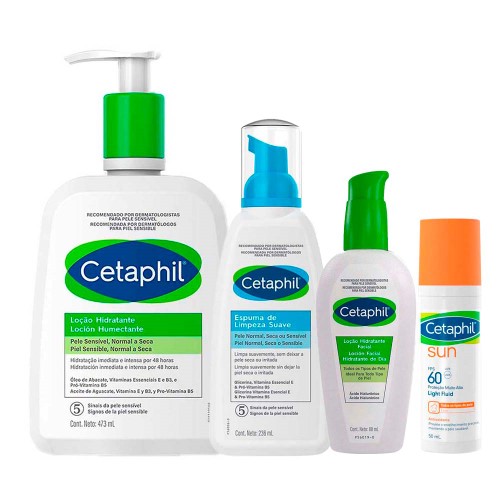 Cetaphil Kit Rotina – Loção Facial + Protetor Solar + Espuma de Limpeza + Hidratante