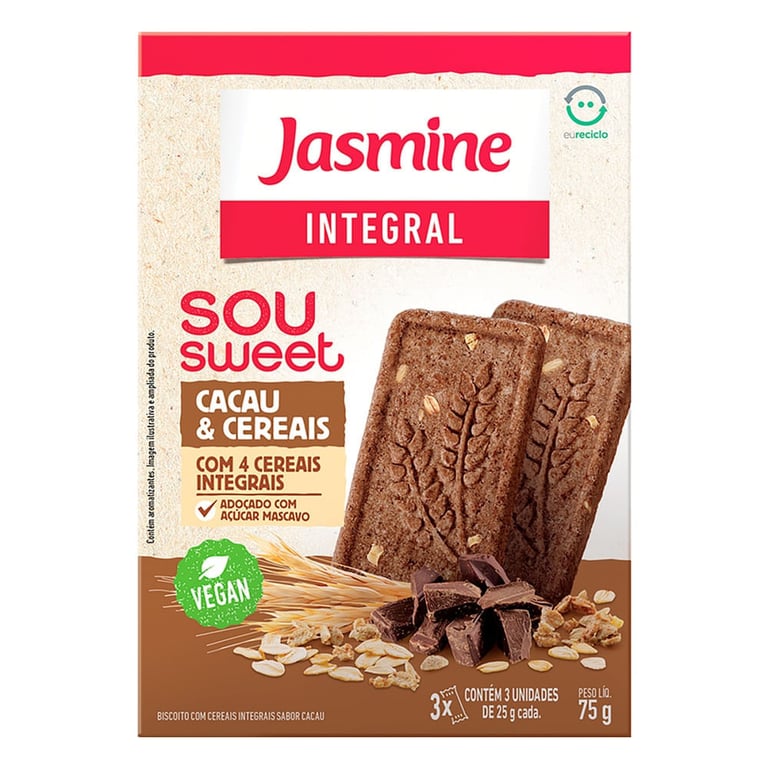 Biscoito Jasmine Integral Sou Sweet Cacau & Cereais 75g