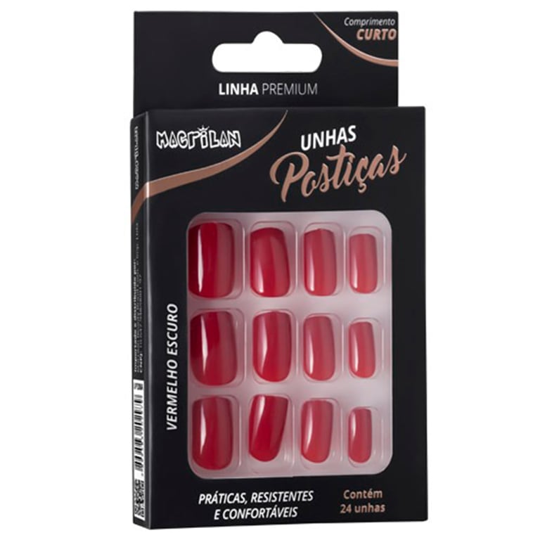 Unhas Postiças Macrilan Vermelho Escuro - Tamanho Curto