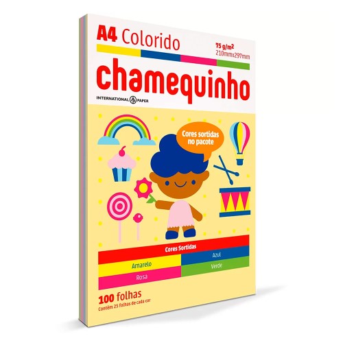 Papel Chamequinho A4 Colorido 210mm x 297mm Cores Sortidas com 100 Folhas