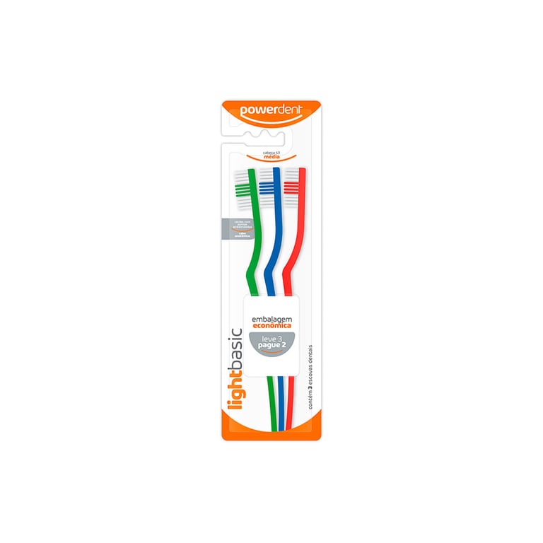 Escova de Dente Powerdent Light Basic Média com 3 unidades