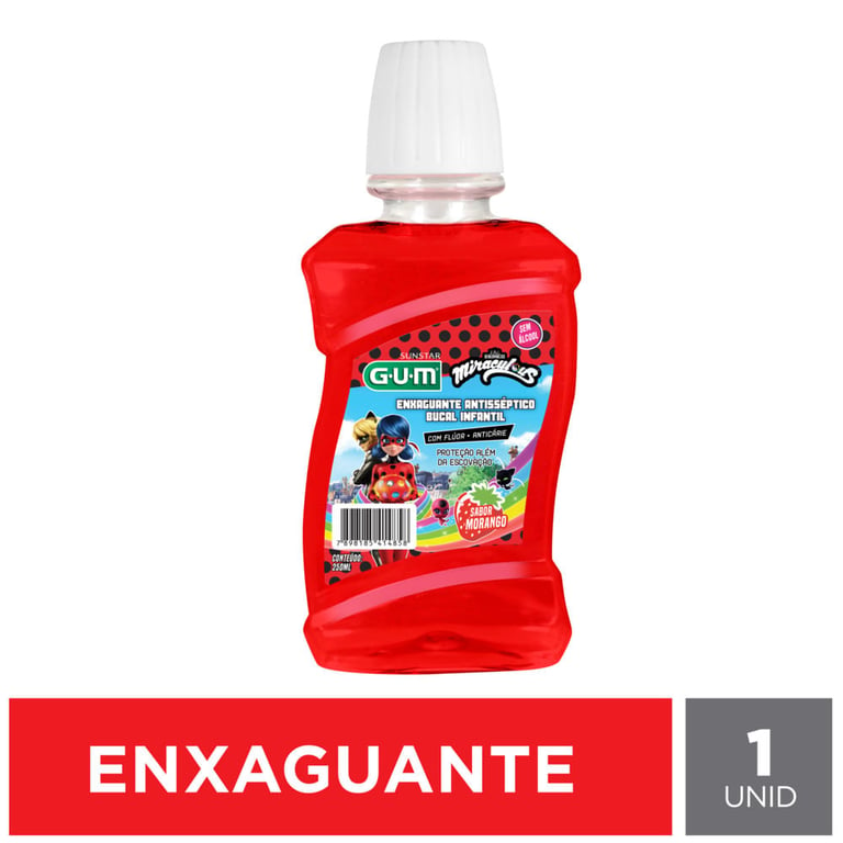 Enxaguante Antisséptico Bucal Infantil GUM Miraculous Flúor Anticarie Morango 250ml