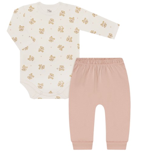 Body longo c/ Calça Saruel para bebê em suedine Antiviral Comfort & Care Ursinha - Anjos Baby