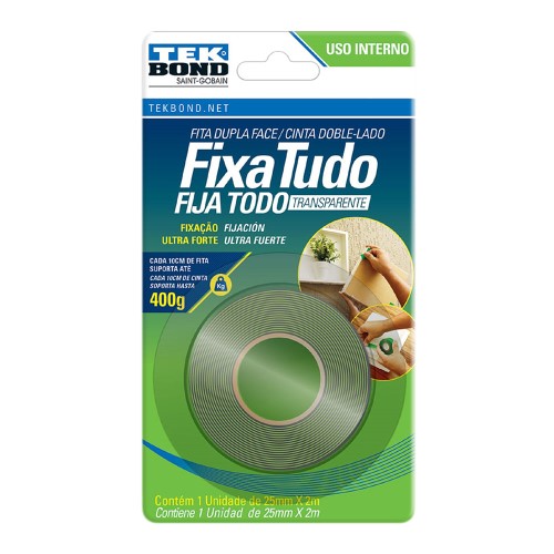 Fita Dupla Face Fixa Tudo Tekbond Acrílica Transparente 25mmX2m 1 Unidade