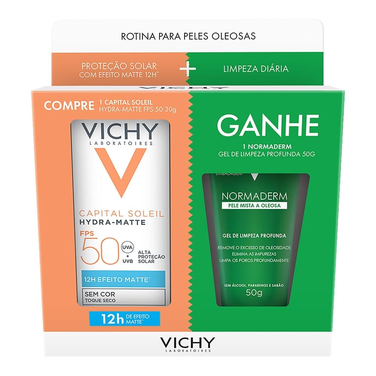 Kit Vichy Protetor Solar Facial Capital Soleil Hydra-Matte Sem Cor FPS 50 30g + Gel de Limpeza Facial Normaderm 50g