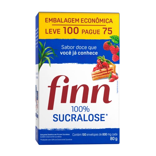 Adoçante Finn Sucralose Pó Leve 100 Pague 75 Envelopes de 0,8g