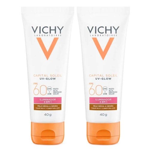 Vichy UV-Glow Kit com 2 Unidades – Protetor Solar Facial com Cor FPS60 – Média a Negra