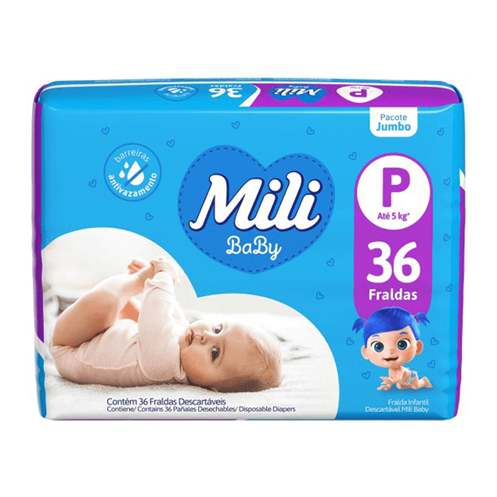 Fralda Mili Ultra Seca P, pacote jumbo com 36 unidades