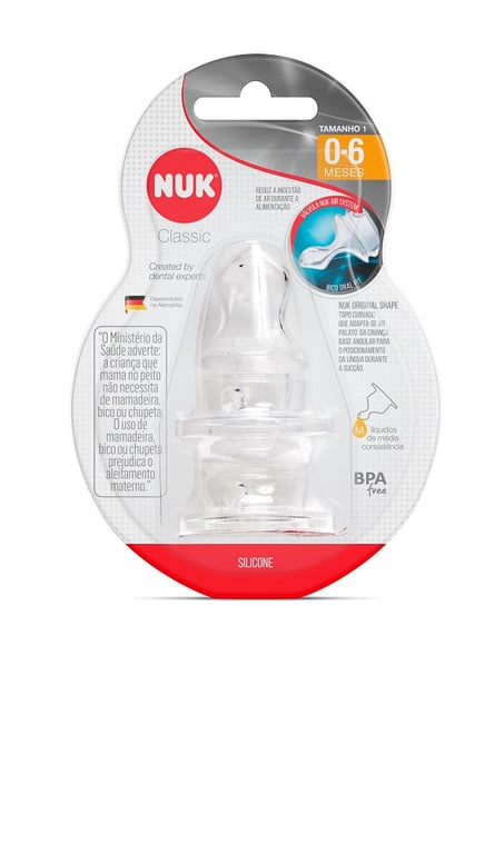 Bico de Mamadeira Nuk Classic Ortodôntico em Silicone Fluxo Médio Nível 1 com 2 Unidades