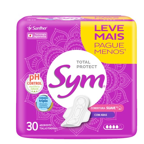 Absorvente Sym Total Protect Cobertura Suave com Abas 30 Unidades Leve mais Por Menos