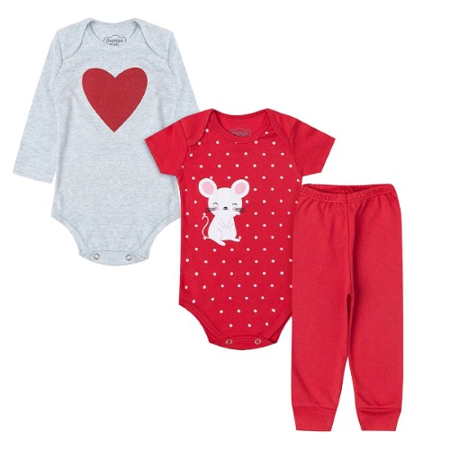 Kit: Body longo + Body curto + Calça para bebê em algodão Coração Love - Orango Kids 