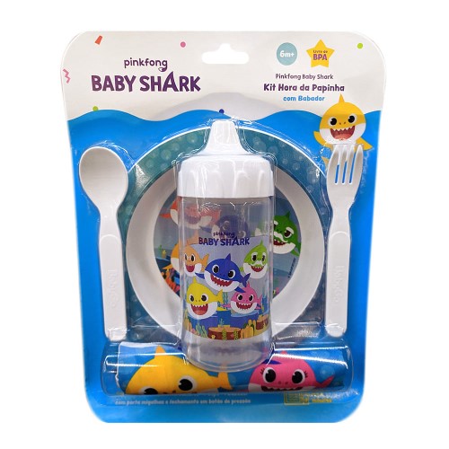 Kit Hora da Papinha com Babador Baby Go Pinkfong Baby Shark Desenhos e Cores Sortidas