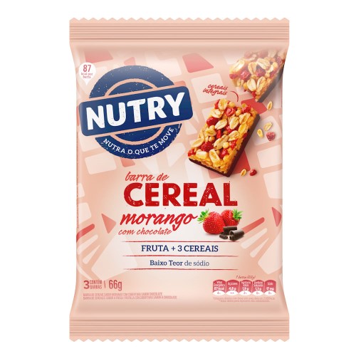 Barra de Cereais Nutry Morango com Chocolate 3 Unidades com 22g Cada