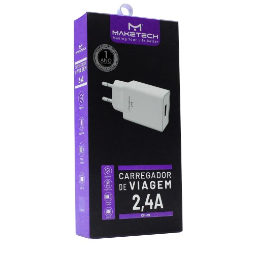 Carregador de Viagem Maketech CM 19 Branco 2,4A com 1 Saída USB