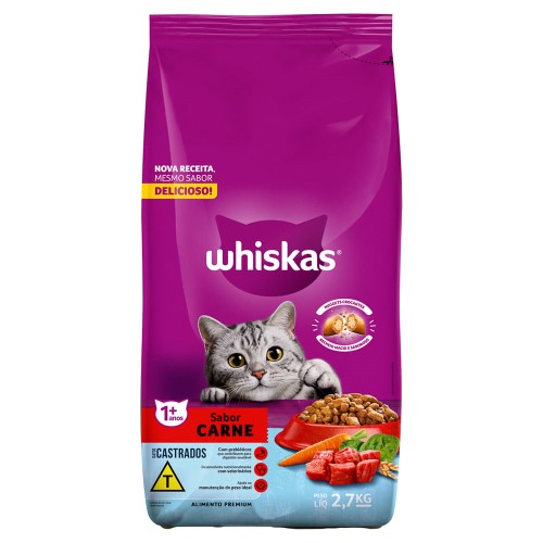 Ração para Gatos Whiskas Castrados Adultos 1+ Sabor Carne 2,7kg