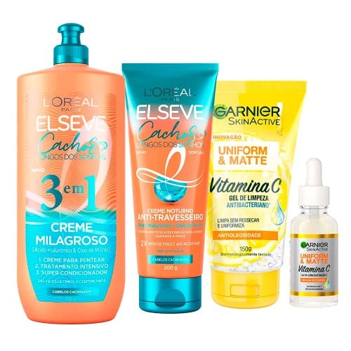 Garnier + Elseve Cachos Kit - Gel de Limpeza Facial + Sérum Facial + Creme Noturno + Creme Milagroso 3 em 1