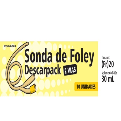 Sonda De Foley 2 Vias Descarpack Amarelo Tamanho 20 Fr Volume Do Balão 30ml 10 unidades